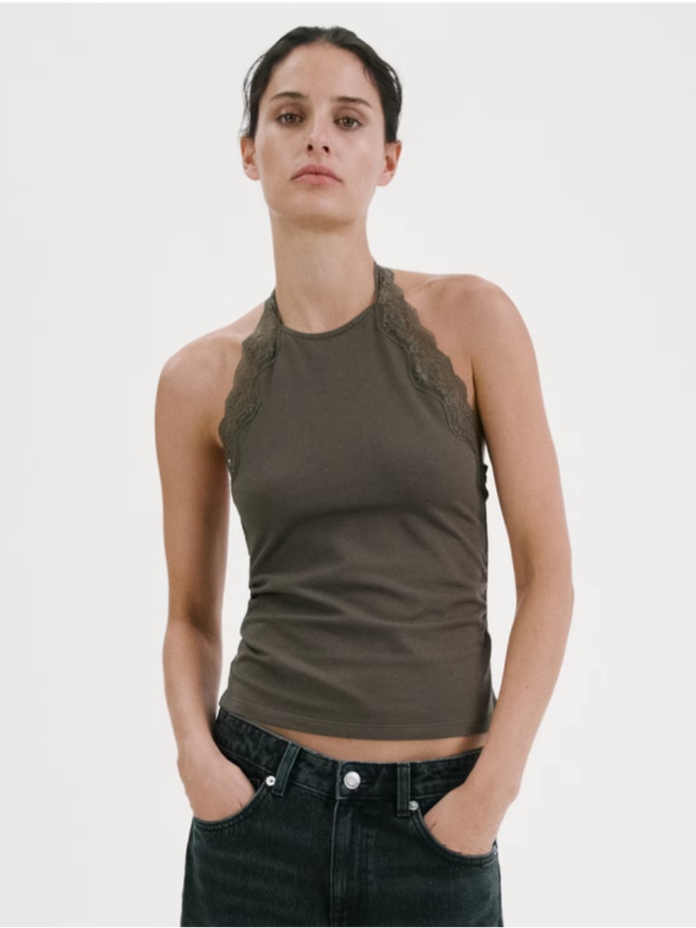 NEW Mango High-Neck Lace Trim Tank in Olive